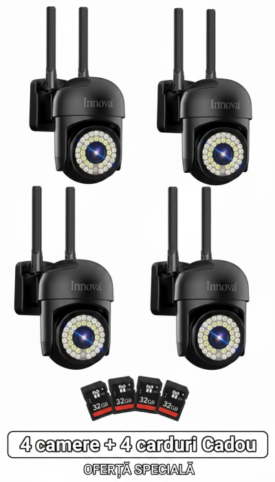 Pachet 4 x Cameră de Supraveghere INNOVA WIFI, 36 LED-uri, HD, IP66 + 4 Carduri Cadou
