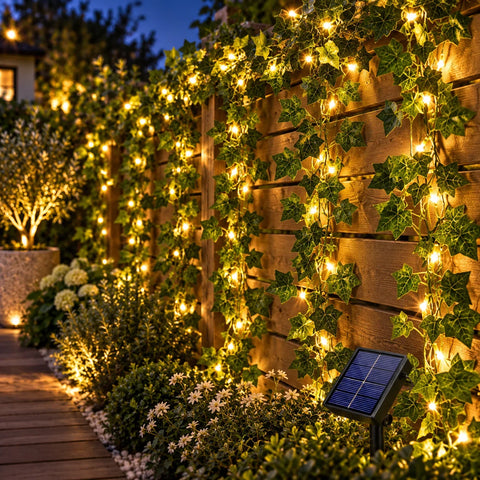 Instalație solară LED tip iederă, cu frunze artificiale și lumină caldă – 12 m cu 100 LED-uri