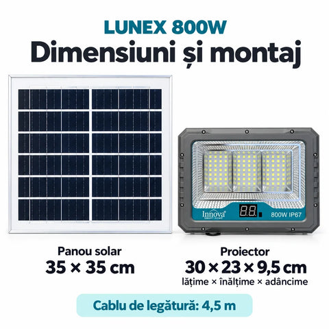 Proiector solar LED Innova Lunex 800W, acumulator 10.000 mAh, panou separat, telecomandă, senzor de lumină, IP67, cablu 4,5 m
