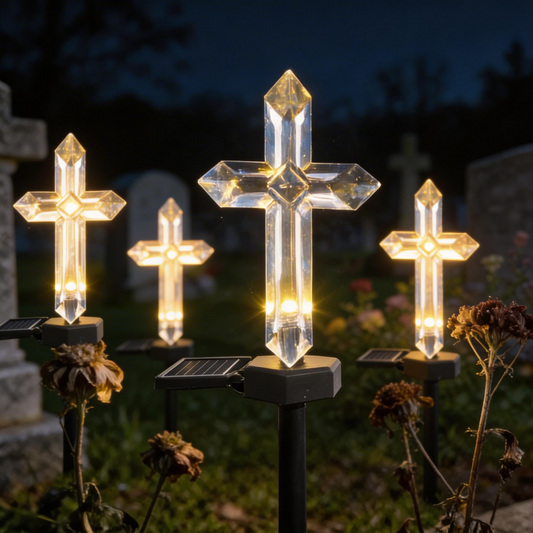 Set 4 Cruci Solare Decorative LED Alb Cald pentru Gradina si Cimitir – Iluminare Automata