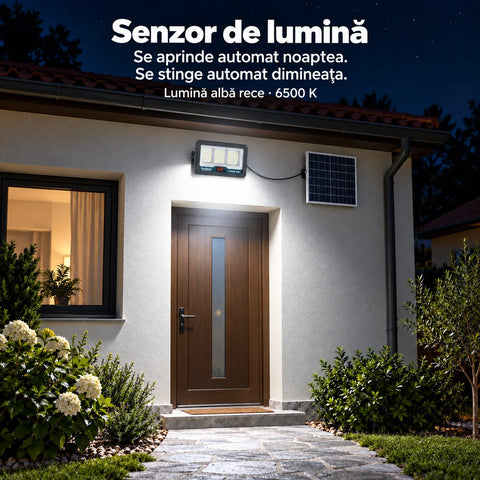 Proiector solar LED Innova Lunex 1200W, acumulator 20.000 mAh, panou separat, telecomandă, senzor de lumină, IP67, cablu 4,5 m