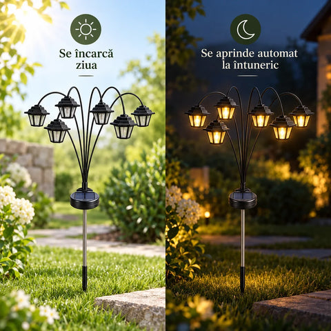 Set lămpi solare de grădină cu 6 felinare LED fiecare, lumină caldă și aprindere automată – 2, 4 sau 8 bucăți