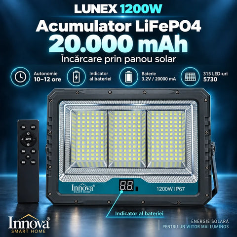 Proiector solar LED Innova Lunex 1200W, acumulator 20.000 mAh, panou separat, telecomandă, senzor de lumină, IP67, cablu 4,5 m