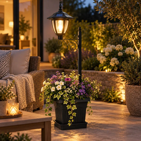Lampă solară decorativă cu ghiveci pentru flori, tip felinar, LED alb cald, 67,5 cm – 1 bucată sau set de 2.