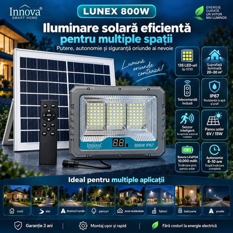Proiector solar LED Innova Lunex 800W, acumulator 10.000 mAh, panou separat, telecomandă, senzor de lumină, IP67, cablu 4,5 m