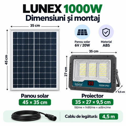 Proiector solar LED Innova Lunex 1000W, panou separat, acumulator 15.000 mAh, telecomandă, senzor de lumină, IP67, cablu 4,5 m