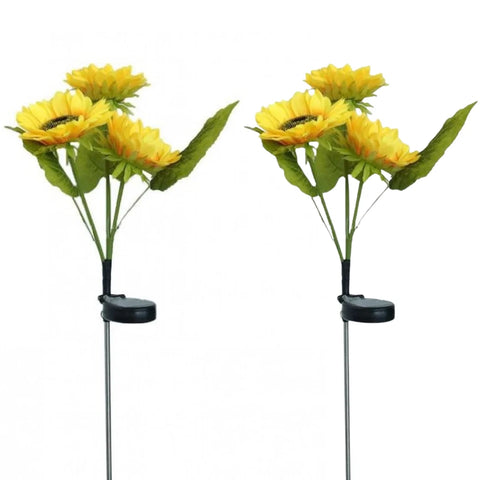 Black Friday - Set 2 x Lămpi Solare LED tip Floarea Soarelui cu 3 flori pentru Grădină, 10 Micro-LED-uri, Înălțime 70 cm, IP65, Iluminare Automată cu Senzor