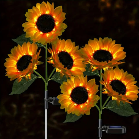 Black Friday - Set 2 x Lămpi Solare LED tip Floarea Soarelui cu 3 flori pentru Grădină, 10 Micro-LED-uri, Înălțime 70 cm, IP65, Iluminare Automată cu Senzor