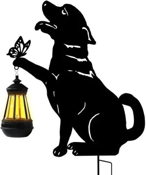 Set 2 Decoratiuni Solare de Gradina, Model Catelus cu Felinar LED si Fluture, din Metal