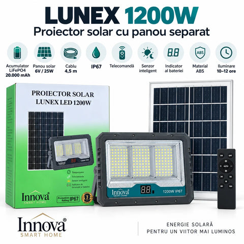 Proiector solar LED Innova Lunex 1200W, acumulator 20.000 mAh, panou separat, telecomandă, senzor de lumină, IP67, cablu 4,5 m
