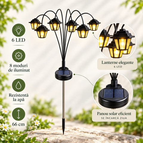 Set lămpi solare de grădină cu 6 felinare LED fiecare, lumină caldă și aprindere automată – 2, 4 sau 8 bucăți