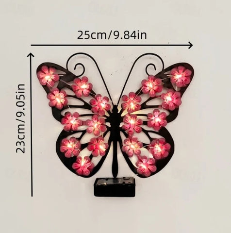 Set 2 / 4 Fluturi Solari Decorativi de Pus pe Perete sau Gard, cu Lumini LED, Culori Roz si Galben