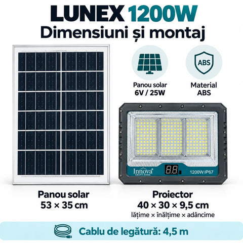 Proiector solar LED Innova Lunex 1200W, acumulator 20.000 mAh, panou separat, telecomandă, senzor de lumină, IP67, cablu 4,5 m