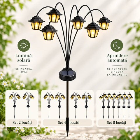 Set lămpi solare de grădină cu 6 felinare LED fiecare, lumină caldă și aprindere automată – 2, 4 sau 8 bucăți