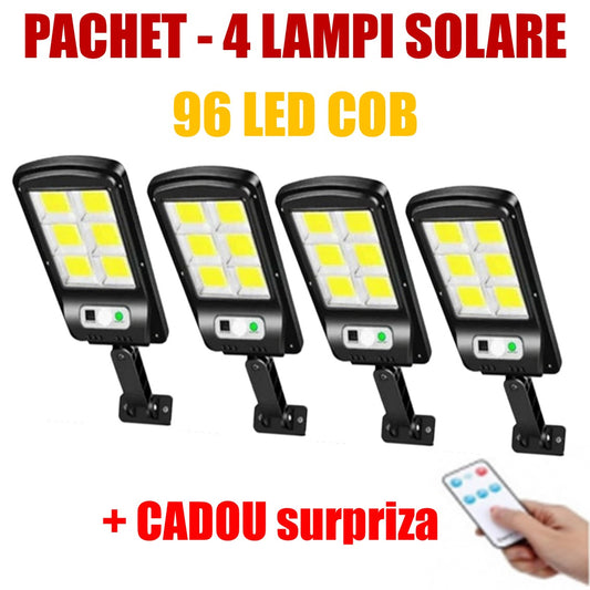 Set 4 x Lampa solara 6 Cadrane, cu incarcare solara, 96 LED-uri COB, telecomanda + Cadou Surpriza