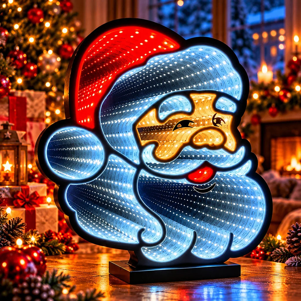 Oglinda Infinitului – Decorațiune LED de Crăciun cu Tunel de Lumină pe Ambele Fețe, 4 Modele, cu Suport de Masă