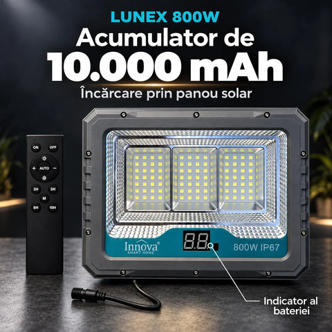 Proiector solar LED Innova Lunex 800W, acumulator 10.000 mAh, panou separat, telecomandă, senzor de lumină, IP67, cablu 4,5 m