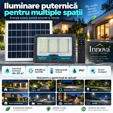 Proiector solar LED Innova Lunex 1200W, acumulator 20.000 mAh, panou separat, telecomandă, senzor de lumină, IP67, cablu 4,5 m