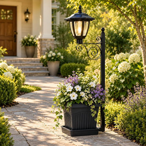 Lampă solară decorativă cu ghiveci pentru flori, tip felinar, LED alb cald, 67,5 cm – 1 bucată sau set de 2.