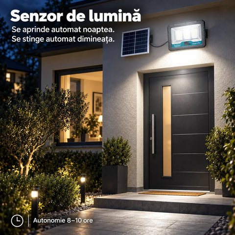 Proiector solar LED Innova Lunex 800W, acumulator 10.000 mAh, panou separat, telecomandă, senzor de lumină, IP67, cablu 4,5 m