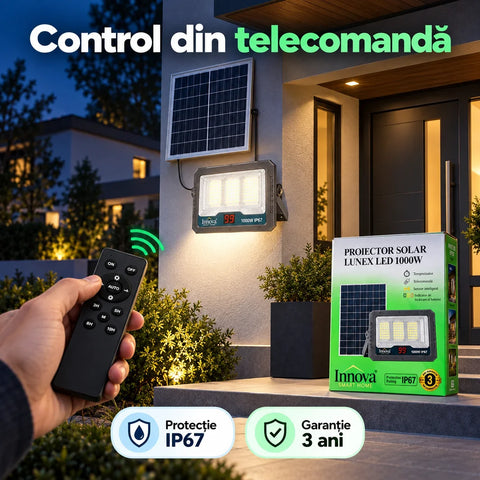Proiector solar LED Innova Lunex 1000W, panou separat, acumulator 15.000 mAh, telecomandă, senzor de lumină, IP67, cablu 4,5 m