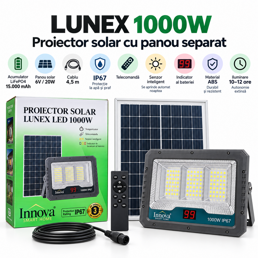 Proiector solar LED Innova Lunex 1000W, panou separat, acumulator 15.000 mAh, telecomandă, senzor de lumină, IP67, cablu 4,5 m