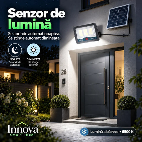 Proiector solar LED Innova Lunex 1000W, panou separat, acumulator 15.000 mAh, telecomandă, senzor de lumină, IP67, cablu 4,5 m