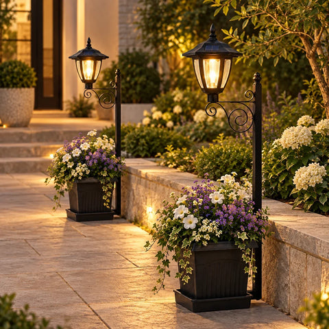 Lampă solară decorativă cu ghiveci pentru flori, tip felinar, LED alb cald, 67,5 cm – 1 bucată sau set de 2.