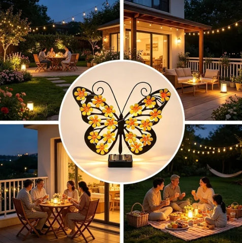 Set 2 / 4 Fluturi Solari Decorativi de Pus pe Perete sau Gard, cu Lumini LED, Culori Roz si Galben