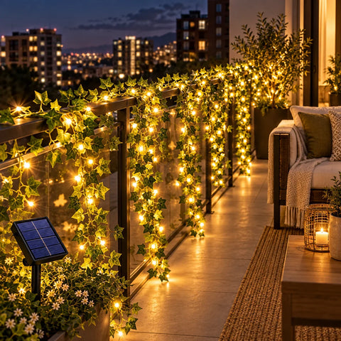 Instalație solară LED tip iederă, cu frunze artificiale și lumină caldă – 12 m cu 100 LED-uri
