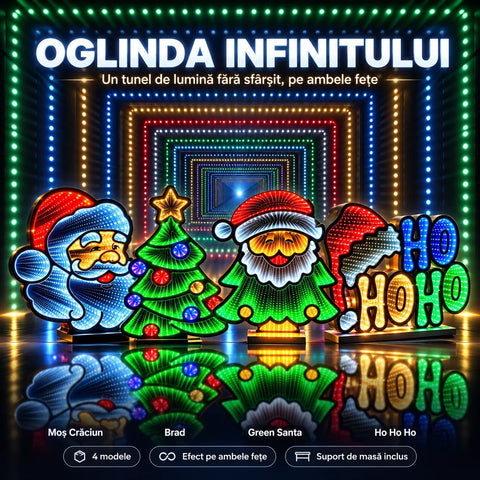 Oglinda Infinitului – Decorațiune LED de Crăciun cu Tunel de Lumină pe Ambele Fețe, 4 Modele, cu Suport de Masă