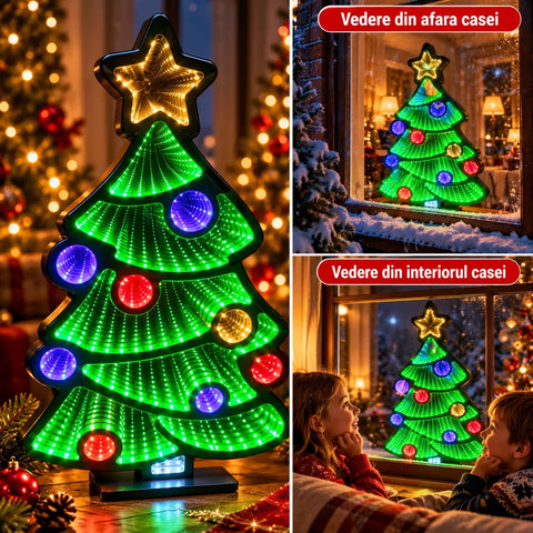 Oglinda Infinitului – Decorațiune LED de Crăciun cu Tunel de Lumină pe Ambele Fețe, 4 Modele, cu Suport de Masă
