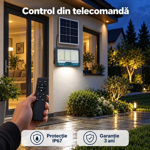 Proiector solar LED Innova Lunex 1200W, acumulator 20.000 mAh, panou separat, telecomandă, senzor de lumină, IP67, cablu 4,5 m