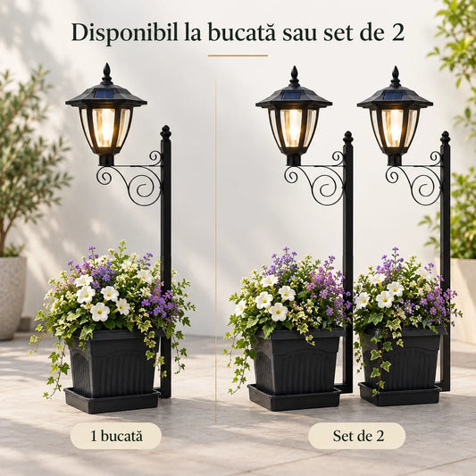 Lampă solară decorativă cu ghiveci pentru flori, tip felinar, LED alb cald, 67,5 cm – 1 bucată sau set de 2.