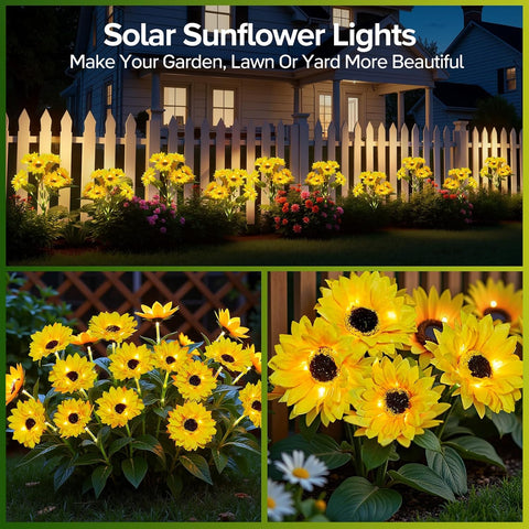 Set 4x Lămpi Solare LED pentru Grădină cu 6 Flori tip Floarea Soarelui, 10 Micro-LED-uri pe Floare, Înălțime 70 cm, Rezistente la Intemperii, IP65