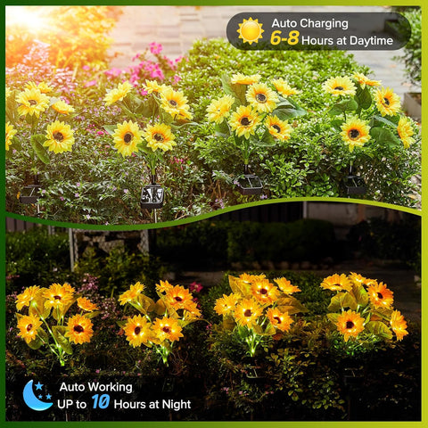 Set 4x Lămpi Solare LED pentru Grădină cu 6 Flori tip Floarea Soarelui, 10 Micro-LED-uri pe Floare, Înălțime 70 cm, Rezistente la Intemperii, IP65
