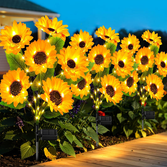 Set 4x Lămpi Solare LED pentru Grădină cu 6 Flori tip Floarea Soarelui, 10 Micro-LED-uri pe Floare, Înălțime 70 cm, Rezistente la Intemperii, IP65