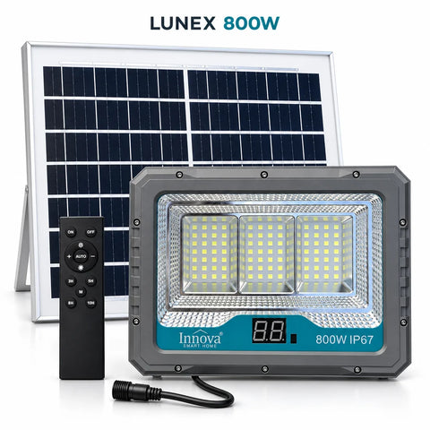 Proiector solar LED Innova Lunex 800W, acumulator 10.000 mAh, panou separat, telecomandă, senzor de lumină, IP67, cablu 4,5 m