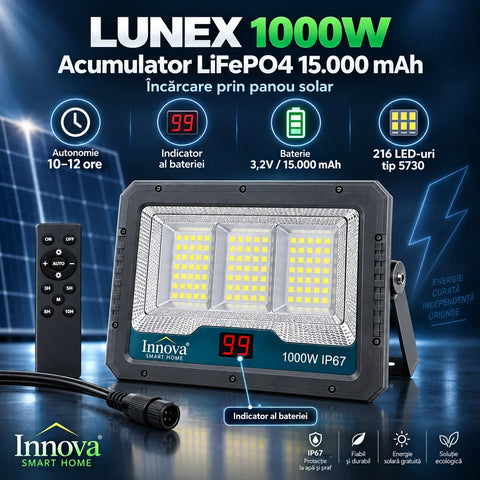 Proiector solar LED Innova Lunex 1000W, panou separat, acumulator 15.000 mAh, telecomandă, senzor de lumină, IP67, cablu 4,5 m
