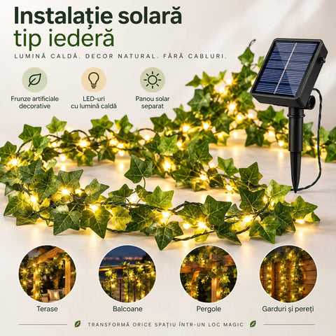 Instalație solară LED tip iederă, cu frunze artificiale și lumină caldă – 12 m cu 100 LED-uri