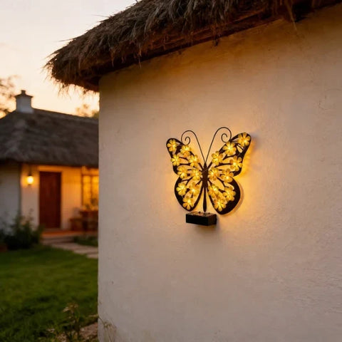 Set 2 / 4 Fluturi Solari Decorativi de Pus pe Perete sau Gard, cu Lumini LED, Culori Roz si Galben