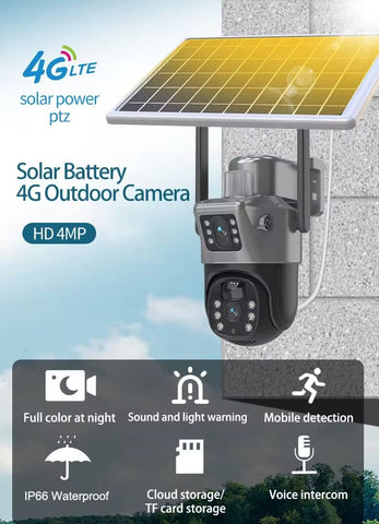 Cameră de Supraveghere Duală cu Panou Solar, 6 mp, 4G SIM, Senzor de Mișcare, Lentile Duble + card 64GB