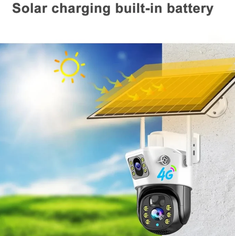 Cameră de Supraveghere Duală cu Panou Solar, 6 mp, 4G SIM, Senzor de Mișcare, Lentile Duble + card 64GB