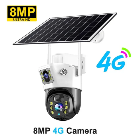 Cameră de Supraveghere Duală cu Panou Solar, 6 mp, 4G SIM, Senzor de Mișcare, Lentile Duble + card 64GB