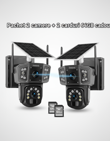 Set 2 x Camera Supraveghere Solara Dubla INNOVA WIFI , 6MP , Full HD, PTZ 360°, baterie 12000mAh, 2 carduri 64gb cadou , 3 ani garantie