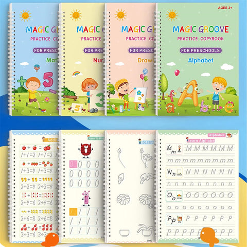 Set cu 4 caiete de lucru si stilou magic pentru scris si desenat Sank Magic, rechizite scolare, multicolor, 19 cm X 13 cm