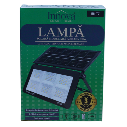 Lampa Solara Modulara Aurora by Innova 100W BK-T7 cu Panou Detasabil – Senzor Lumina, IP67, 140 mp2