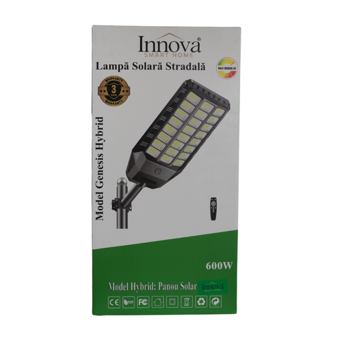 Lampa Solara Stradala 600W Innova Smart Home Genesis, senzor miscare si lumina, IP66, telecomanda, kit instalare inclus, 3 ani garantie+Cadou Surpriza