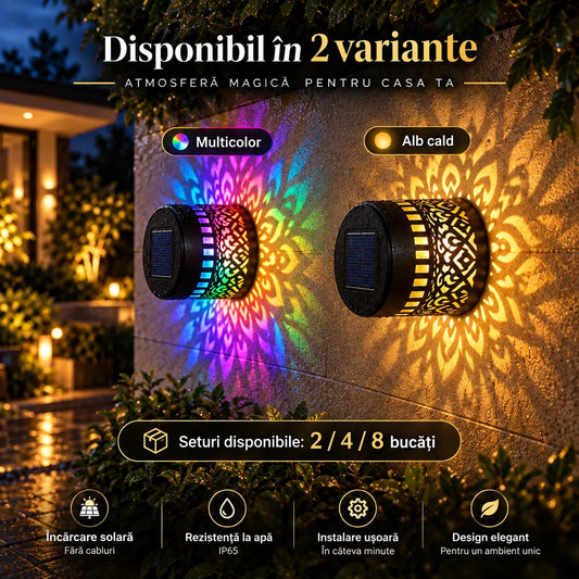 Lămpi solare decorative de perete cu proiecție Mandala, alb cald sau multicolor, IP65 – Set 2, 4 sau 8 bucăți