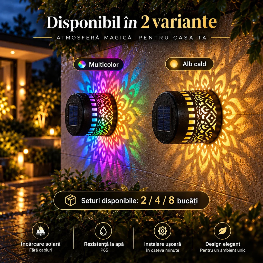 Lămpi solare decorative de perete cu proiecție Mandala, alb cald sau multicolor, IP65 – Set 2, 4 sau 8 bucăți